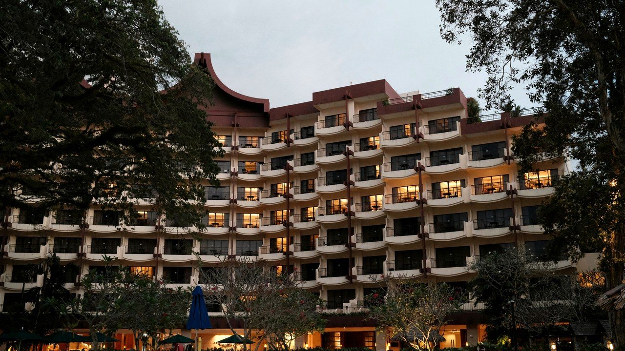 Hotel exterior at dusk